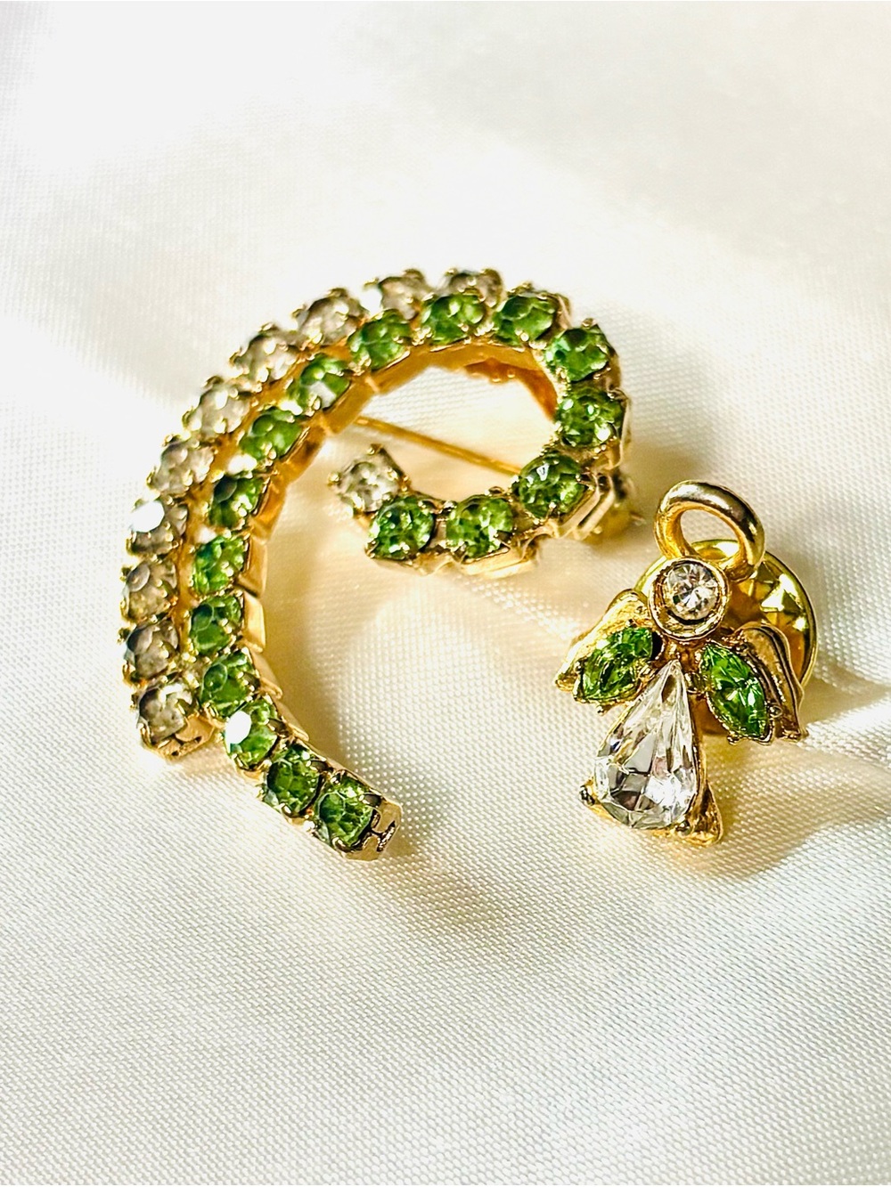Vintage Green Crystal Spiral Brooch with Matching Angel Pin
